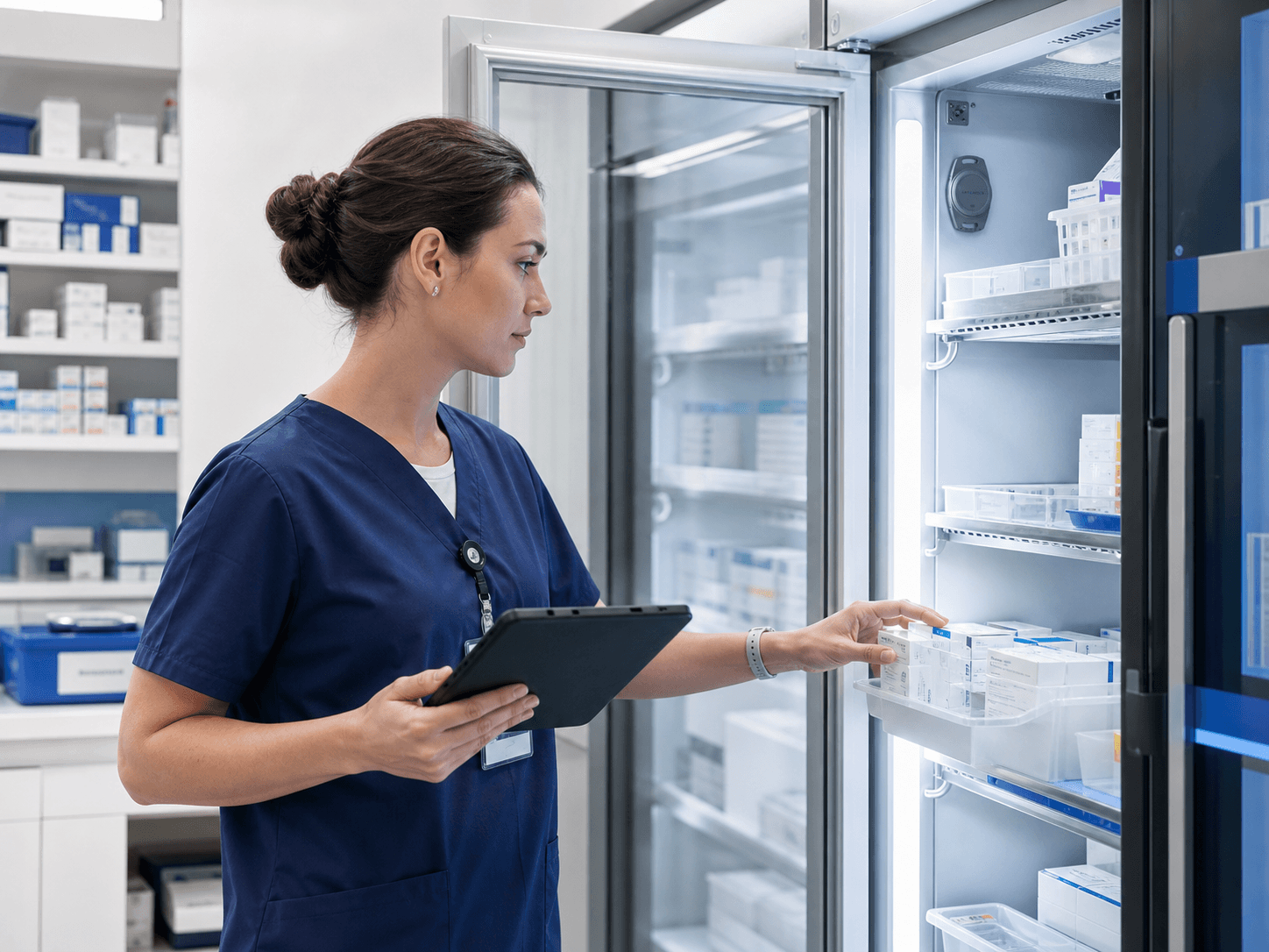 Profesional de salud revisando una heladera de medicamentos