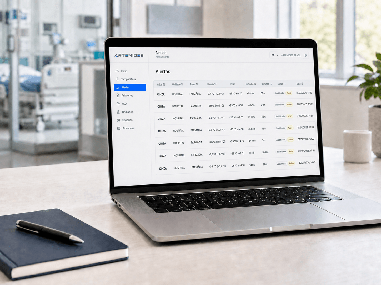 Notebook sobre un escritorio con la plataforma ARTEMIDES y una alerta activa